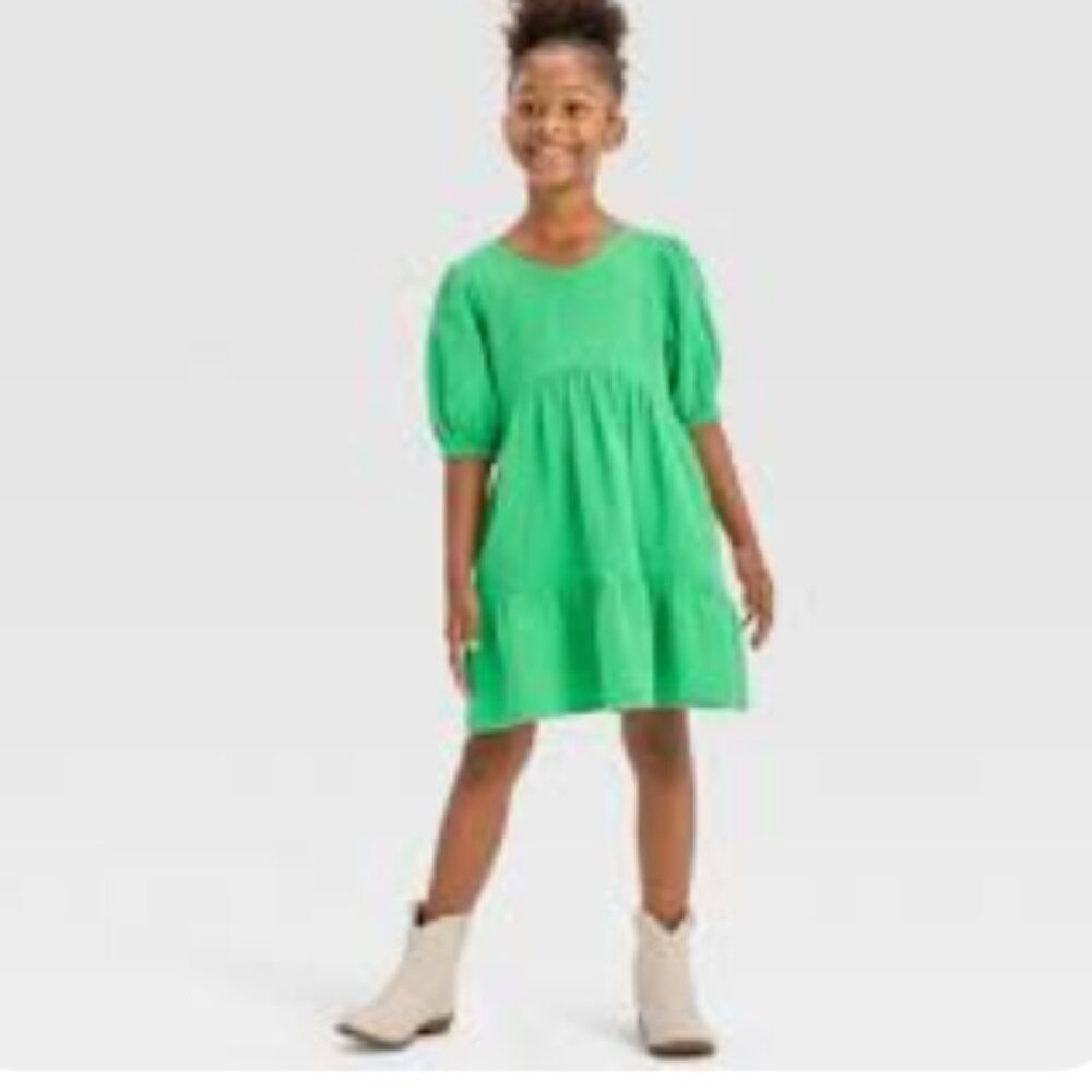 Cat & Jack Girl's Size XS (4-5) Short Sleeve Gauze Tiered Dress Green